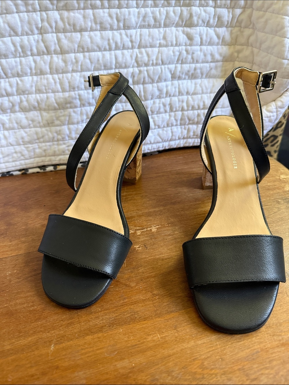 Anthropologie Black Leather Block Heel Sandals
